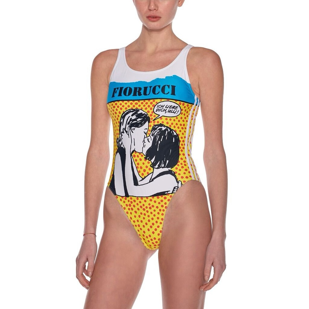 adidas Women's Graphic One Piece - White, Blue, Yellow